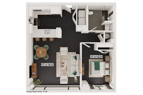 Floor plan for 1 bed, 1 bath, 749 sqft